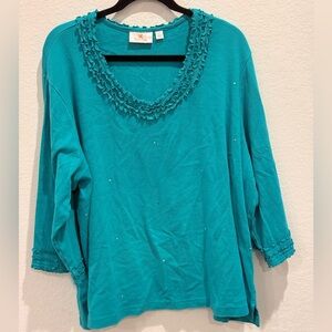 The Quaker Factory Chic Teal Blouse with Ruffle Detail